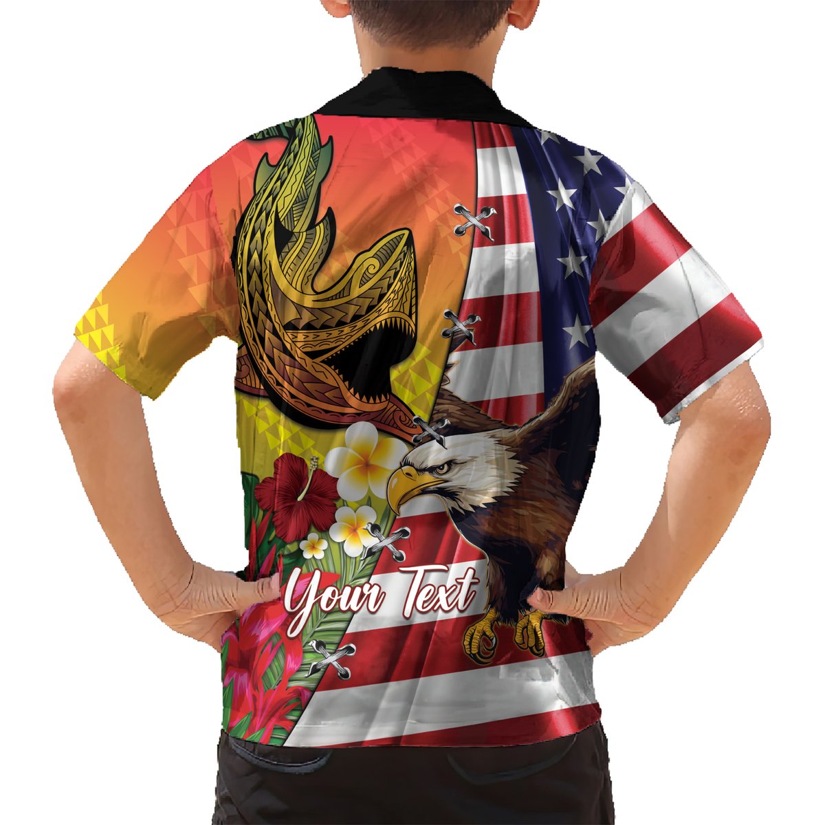 Personalised United States And Hawaii Hawaiian Shirt USA Eagle With Hawaiian Shark Tattoo