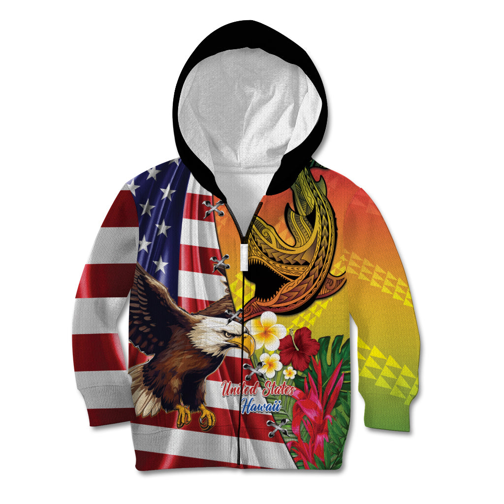 Personalised United States And Hawaii Kid Hoodie USA Eagle With Hawaiian Shark Tattoo LT14 Zip Hoodie Red - Polynesian Pride