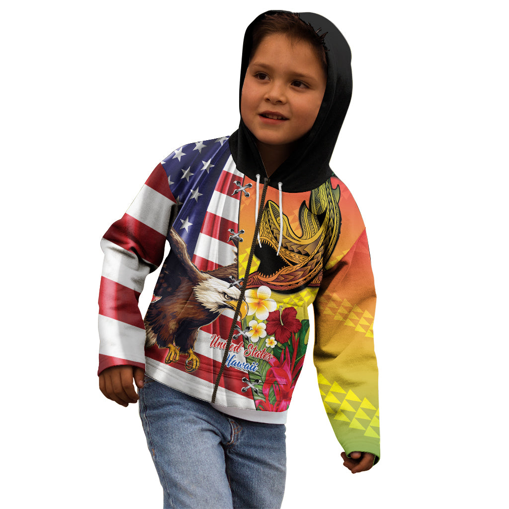 Personalised United States And Hawaii Kid Hoodie USA Eagle With Hawaiian Shark Tattoo LT14 - Polynesian Pride