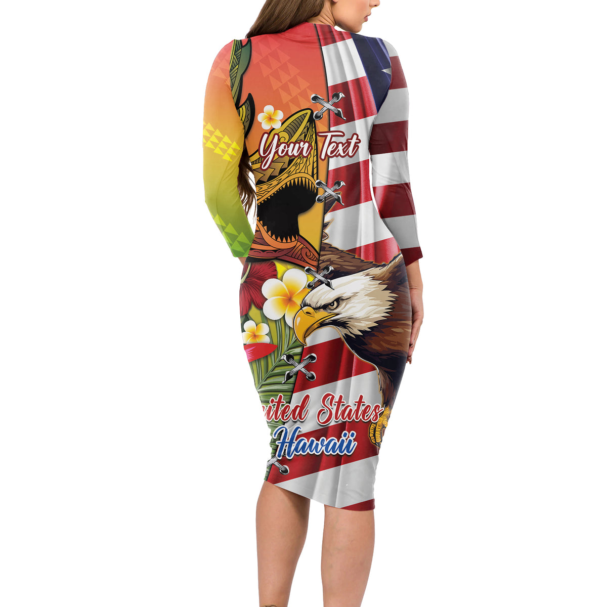Personalised United States And Hawaii Long Sleeve Bodycon Dress USA Eagle With Hawaiian Shark Tattoo LT14 - Polynesian Pride