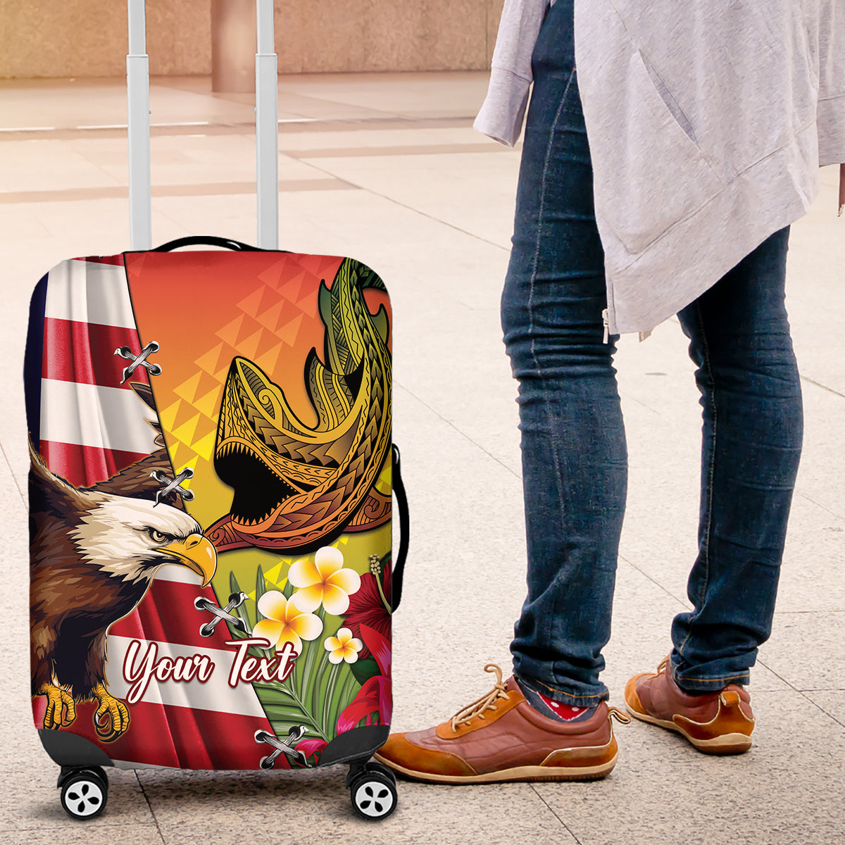 Personalised United States And Hawaii Luggage Cover USA Eagle With Hawaiian Shark Tattoo LT14 Red - Polynesian Pride