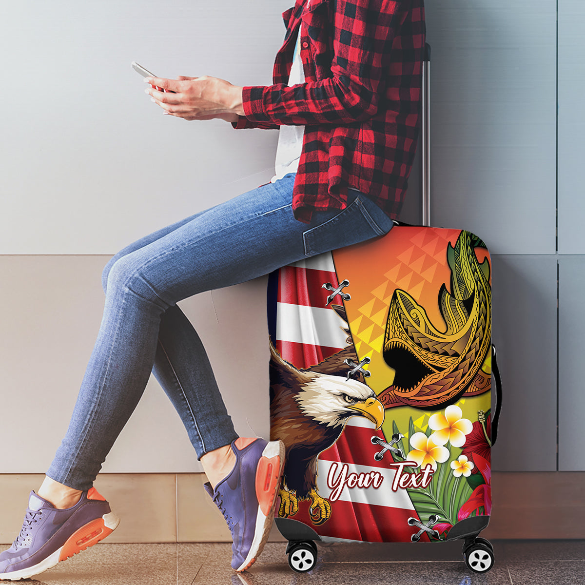 Personalised United States And Hawaii Luggage Cover USA Eagle With Hawaiian Shark Tattoo LT14 - Polynesian Pride