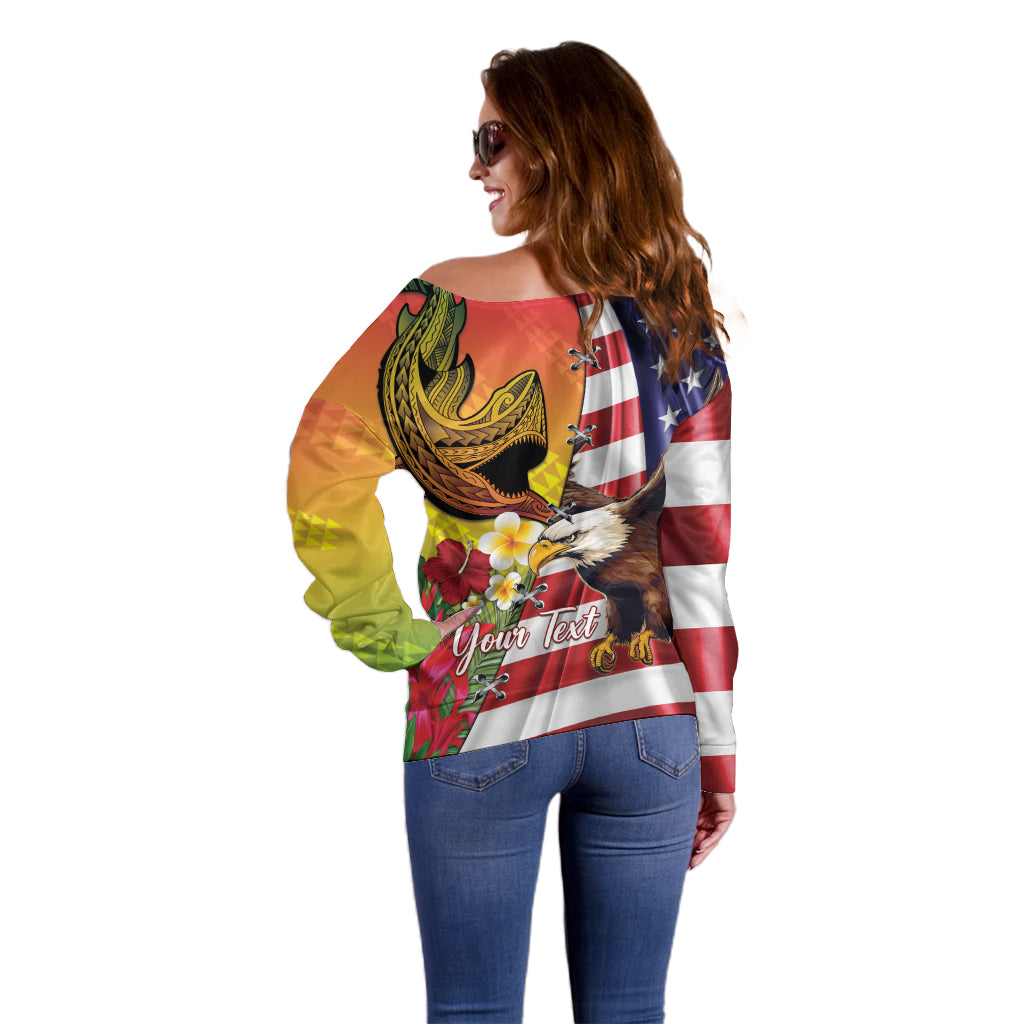 Personalised United States And Hawaii Off Shoulder Sweater USA Eagle With Hawaiian Shark Tattoo