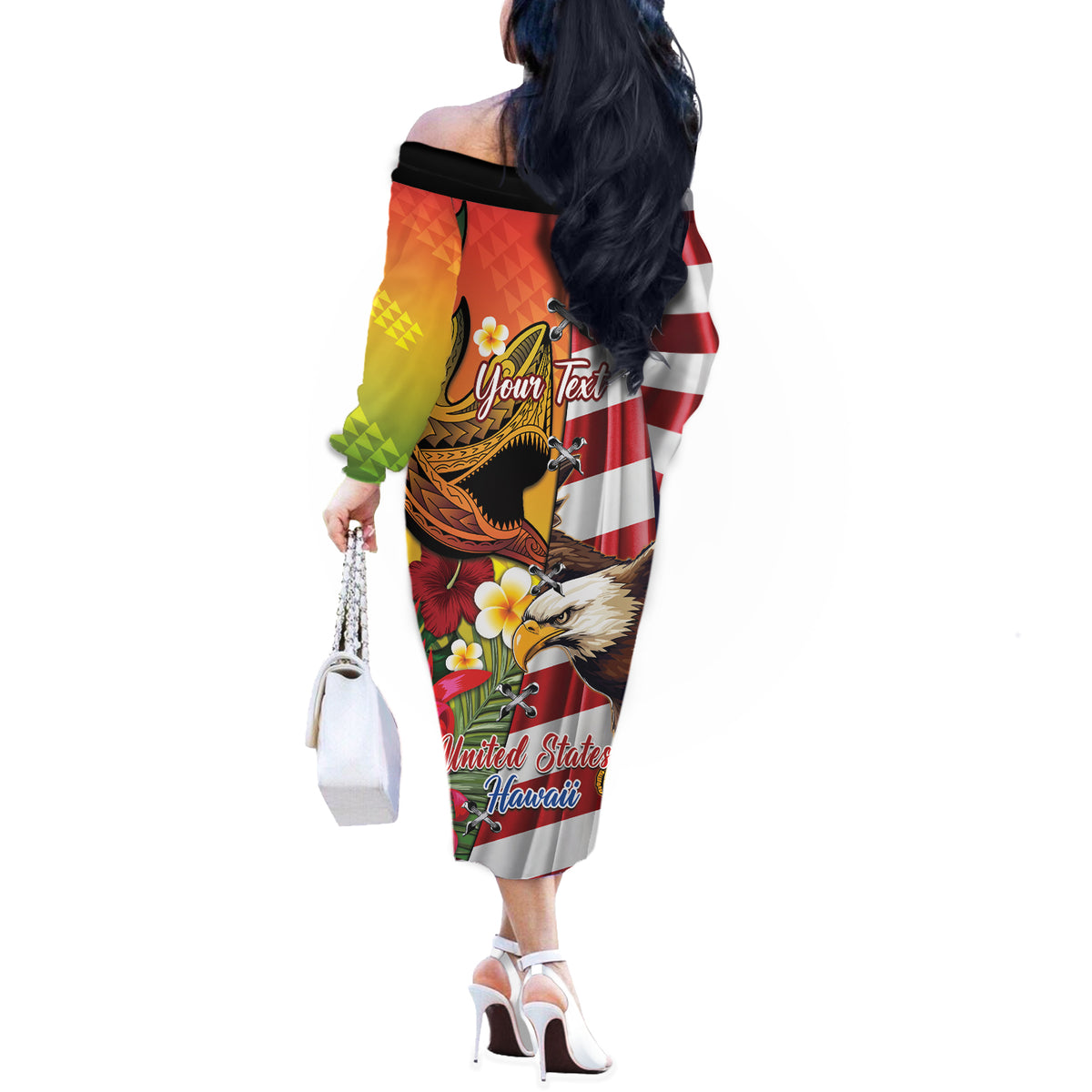 Personalised United States And Hawaii Off The Shoulder Long Sleeve Dress USA Eagle With Hawaiian Shark Tattoo LT14 - Polynesian Pride