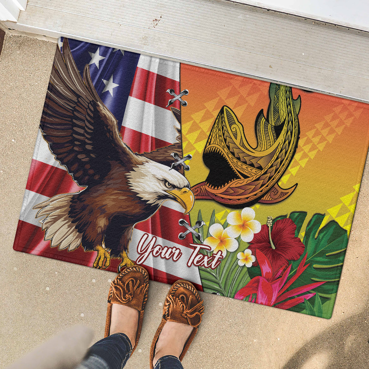 Personalised United States And Hawaii Rubber Doormat USA Eagle With Hawaiian Shark Tattoo