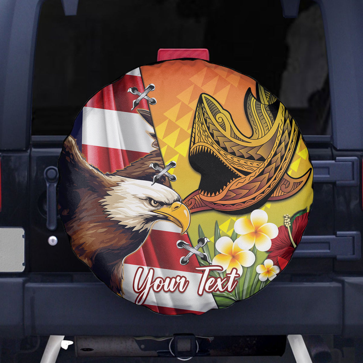 Personalised United States And Hawaii Spare Tire Cover USA Eagle With Hawaiian Shark Tattoo LT14 - Polynesian Pride