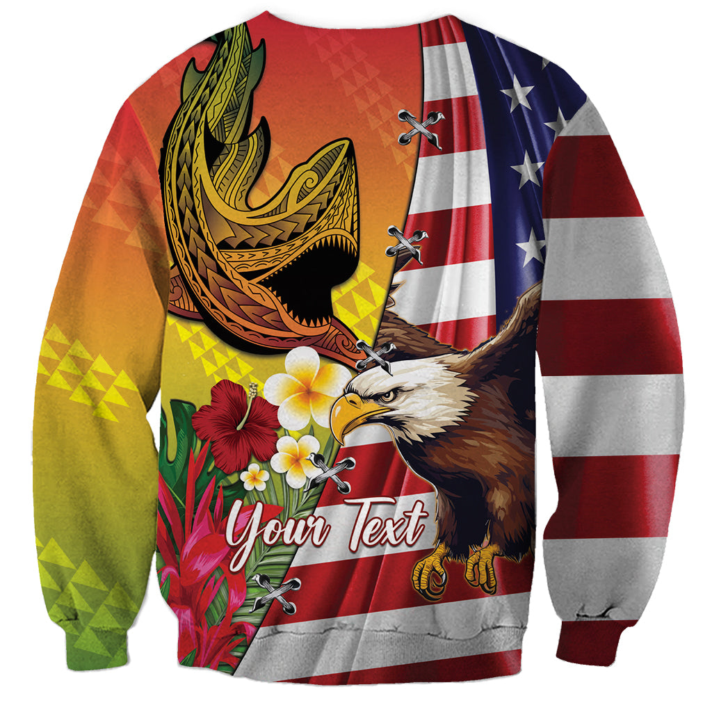 Personalised United States And Hawaii Sweatshirt USA Eagle With Hawaiian Shark Tattoo