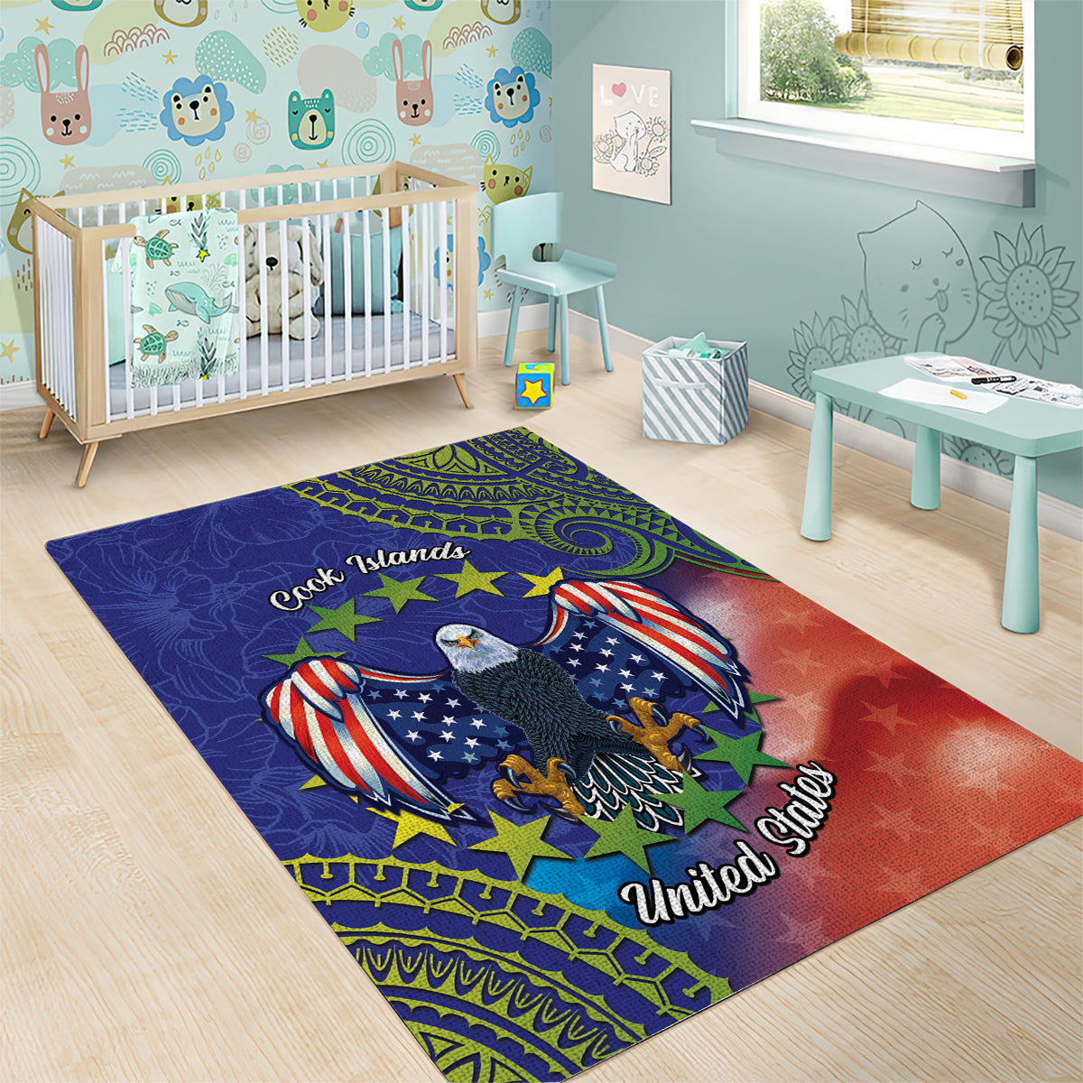 Personalised United States And Cook Islands Area Rug USA Eagle Mix Polynesian Pattern LT14 - Polynesian Pride