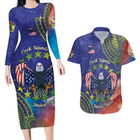 Personalised United States And Cook Islands Couples Matching Long Sleeve Bodycon Dress and Hawaiian Shirt USA Eagle Mix Polynesian Pattern LT14 Blue - Polynesian Pride