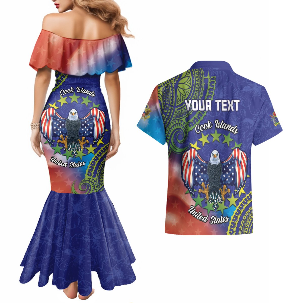 Personalised United States And Cook Islands Couples Matching Mermaid Dress and Hawaiian Shirt USA Eagle Mix Polynesian Pattern LT14 - Polynesian Pride