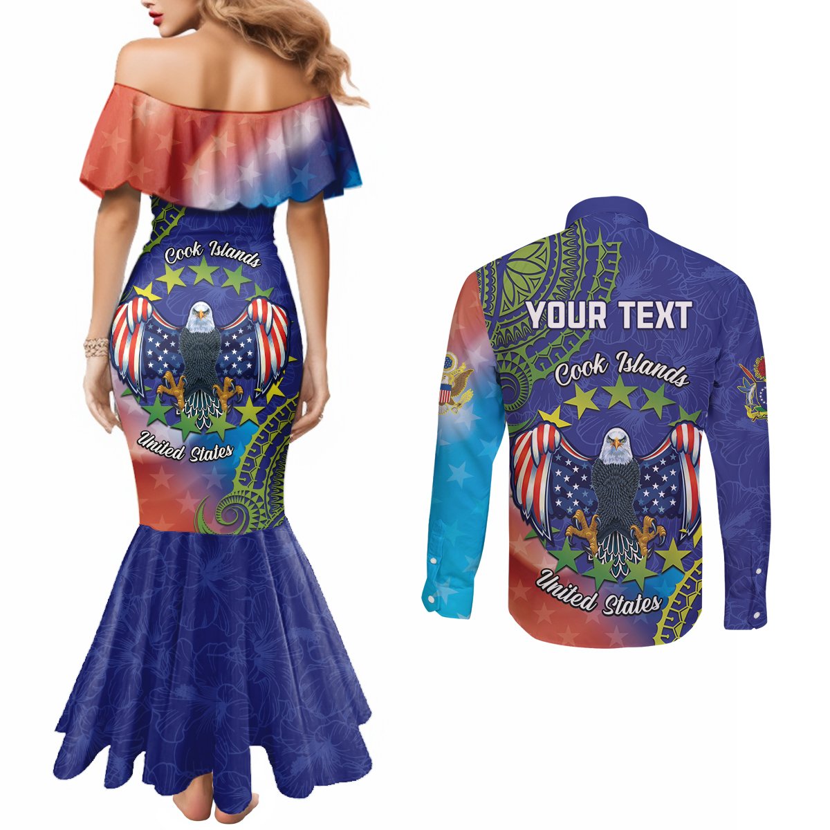 Personalised United States And Cook Islands Couples Matching Mermaid Dress and Long Sleeve Button Shirt USA Eagle Mix Polynesian Pattern LT14 - Polynesian Pride