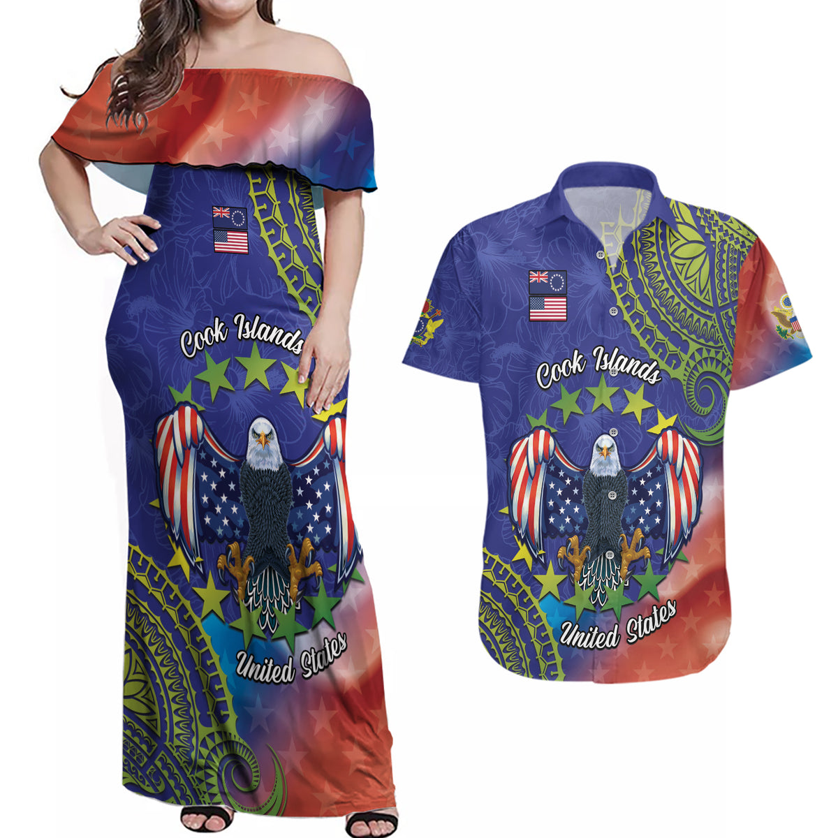 Personalised United States And Cook Islands Couples Matching Off Shoulder Maxi Dress and Hawaiian Shirt USA Eagle Mix Polynesian Pattern LT14 Blue - Polynesian Pride