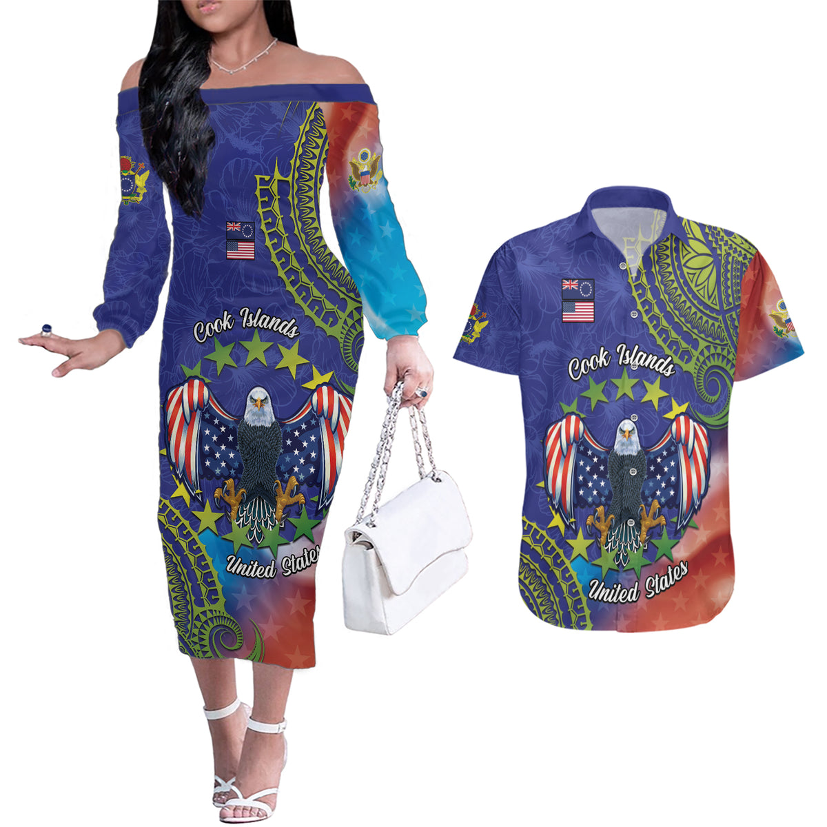 Personalised United States And Cook Islands Couples Matching Off The Shoulder Long Sleeve Dress and Hawaiian Shirt USA Eagle Mix Polynesian Pattern LT14 Blue - Polynesian Pride