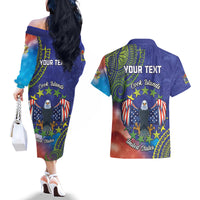 Personalised United States And Cook Islands Couples Matching Off The Shoulder Long Sleeve Dress and Hawaiian Shirt USA Eagle Mix Polynesian Pattern LT14 - Polynesian Pride