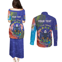 Personalised United States And Cook Islands Couples Matching Puletasi and Long Sleeve Button Shirt USA Eagle Mix Polynesian Pattern