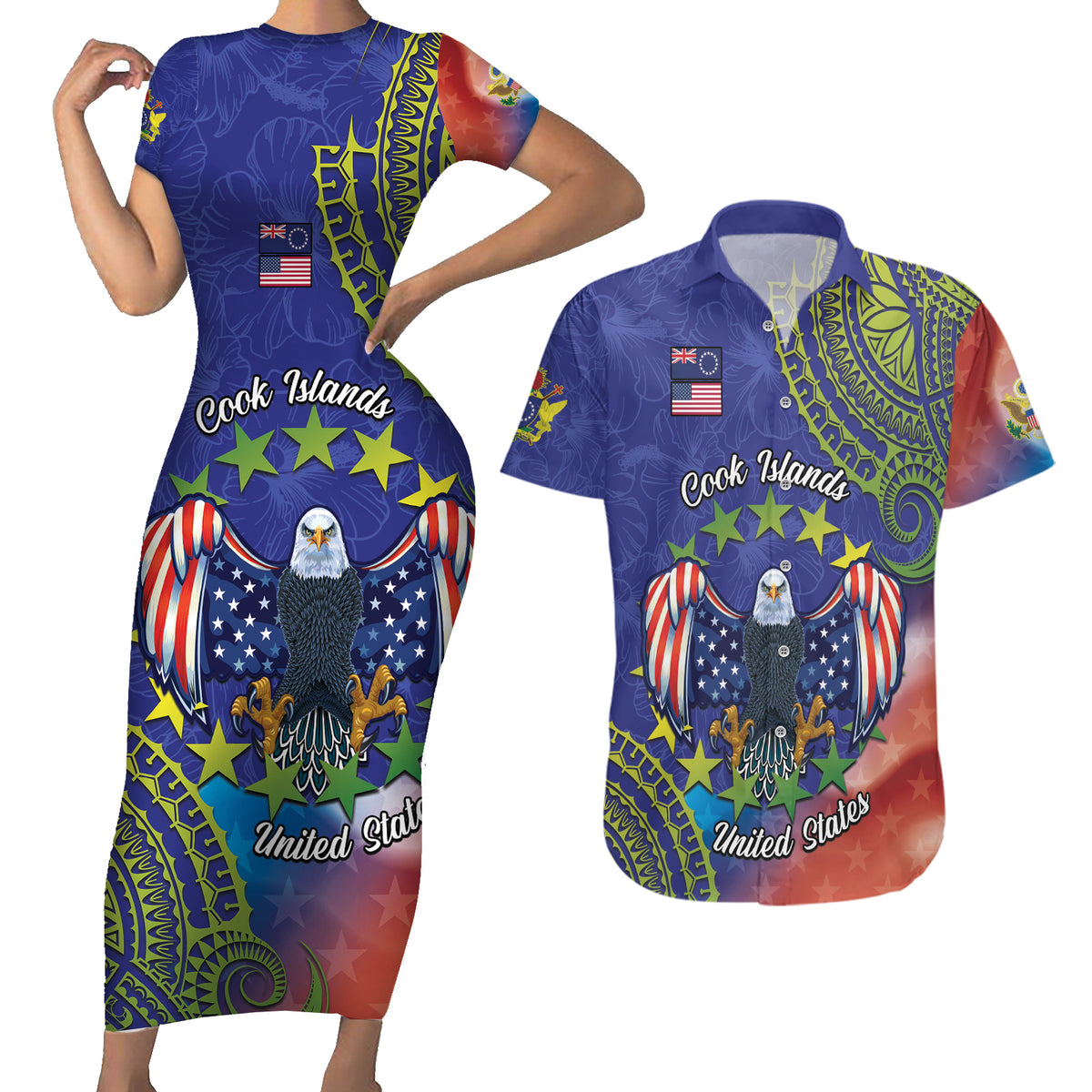 Personalised United States And Cook Islands Couples Matching Short Sleeve Bodycon Dress and Hawaiian Shirt USA Eagle Mix Polynesian Pattern LT14 Blue - Polynesian Pride