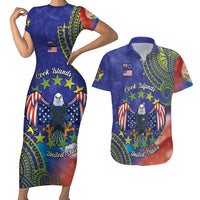 Personalised United States And Cook Islands Couples Matching Short Sleeve Bodycon Dress and Hawaiian Shirt USA Eagle Mix Polynesian Pattern LT14 Blue - Polynesian Pride