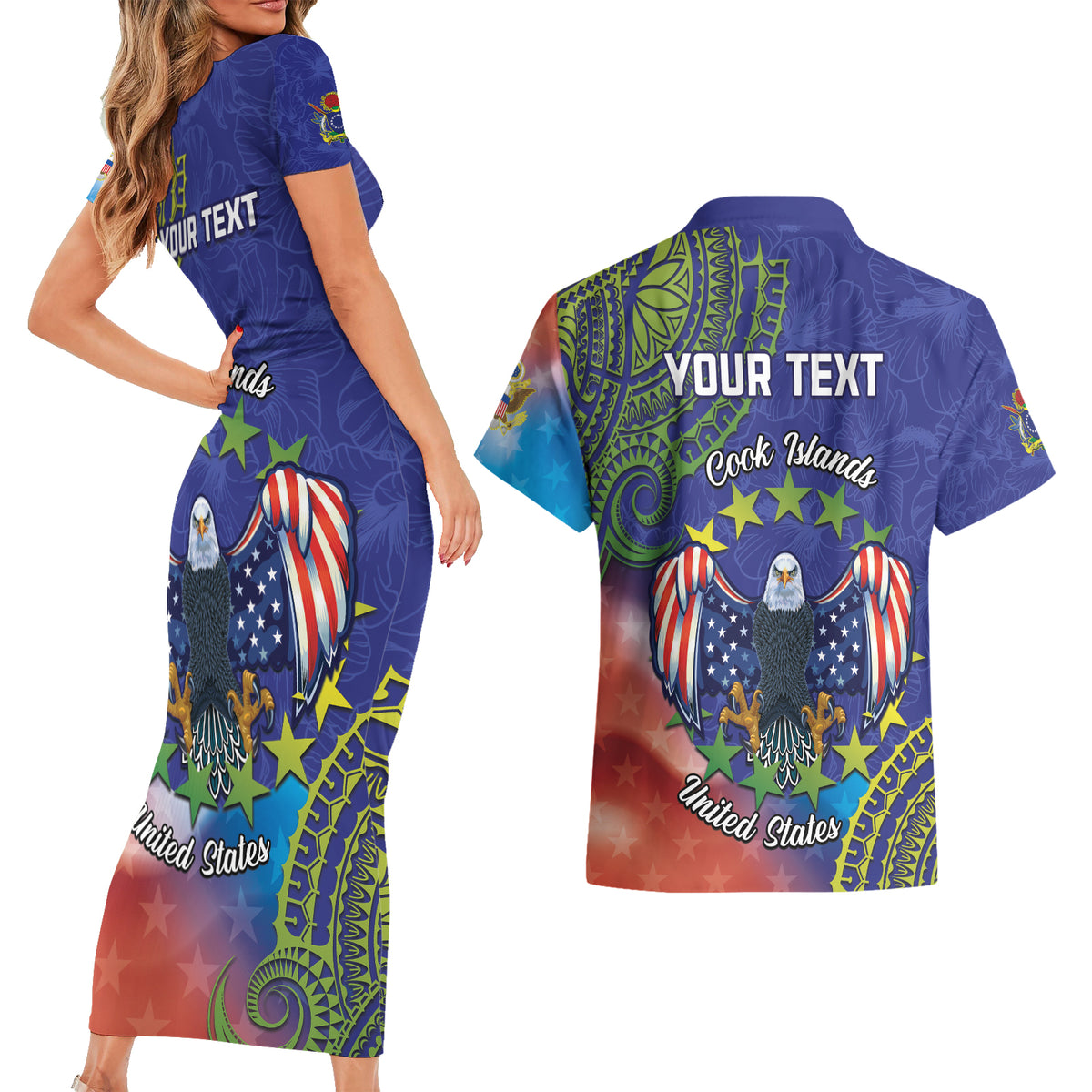 Personalised United States And Cook Islands Couples Matching Short Sleeve Bodycon Dress and Hawaiian Shirt USA Eagle Mix Polynesian Pattern LT14 - Polynesian Pride