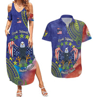 Personalised United States And Cook Islands Couples Matching Summer Maxi Dress and Hawaiian Shirt USA Eagle Mix Polynesian Pattern LT14 Blue - Polynesian Pride