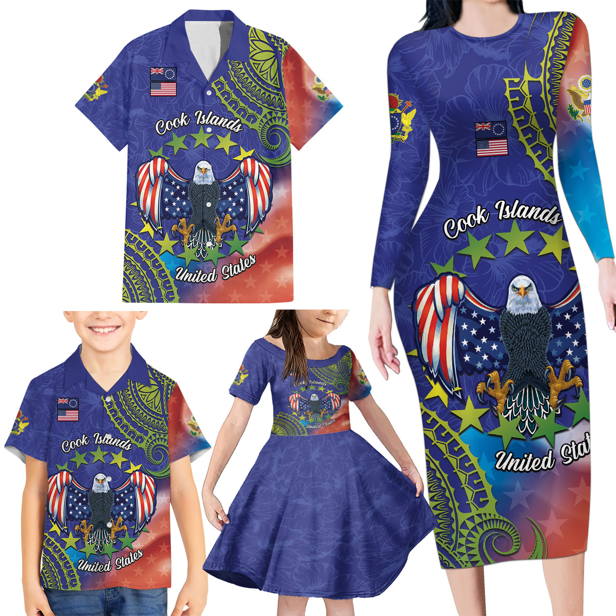 Personalised United States And Cook Islands Family Matching Long Sleeve Bodycon Dress and Hawaiian Shirt USA Eagle Mix Polynesian Pattern LT14 - Polynesian Pride