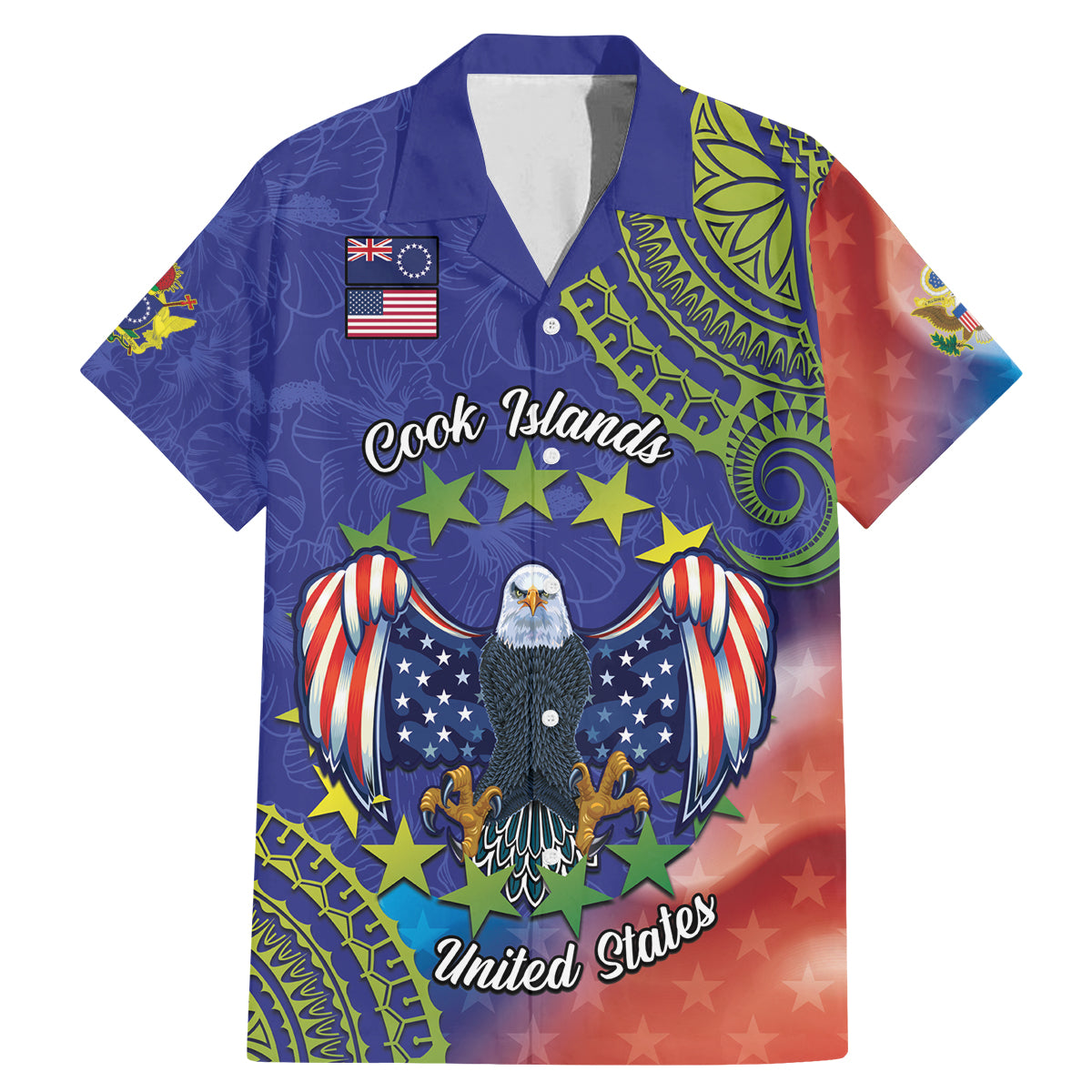 Personalised United States And Cook Islands Family Matching Mermaid Dress and Hawaiian Shirt USA Eagle Mix Polynesian Pattern LT14 Dad's Shirt - Short Sleeve Blue - Polynesian Pride