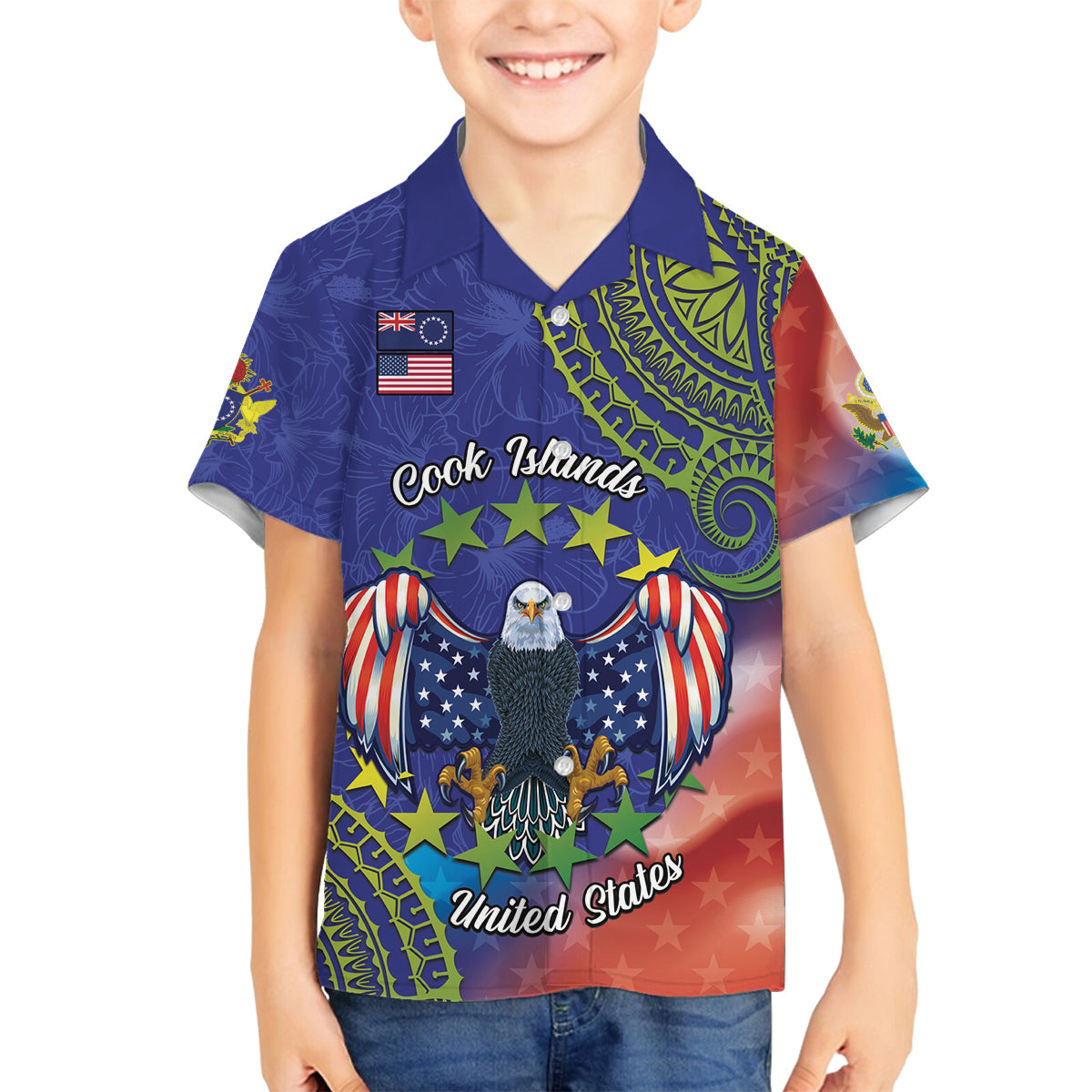 Personalised United States And Cook Islands Family Matching Off The Shoulder Long Sleeve Dress and Hawaiian Shirt USA Eagle Mix Polynesian Pattern LT14 Son's Shirt Blue - Polynesian Pride