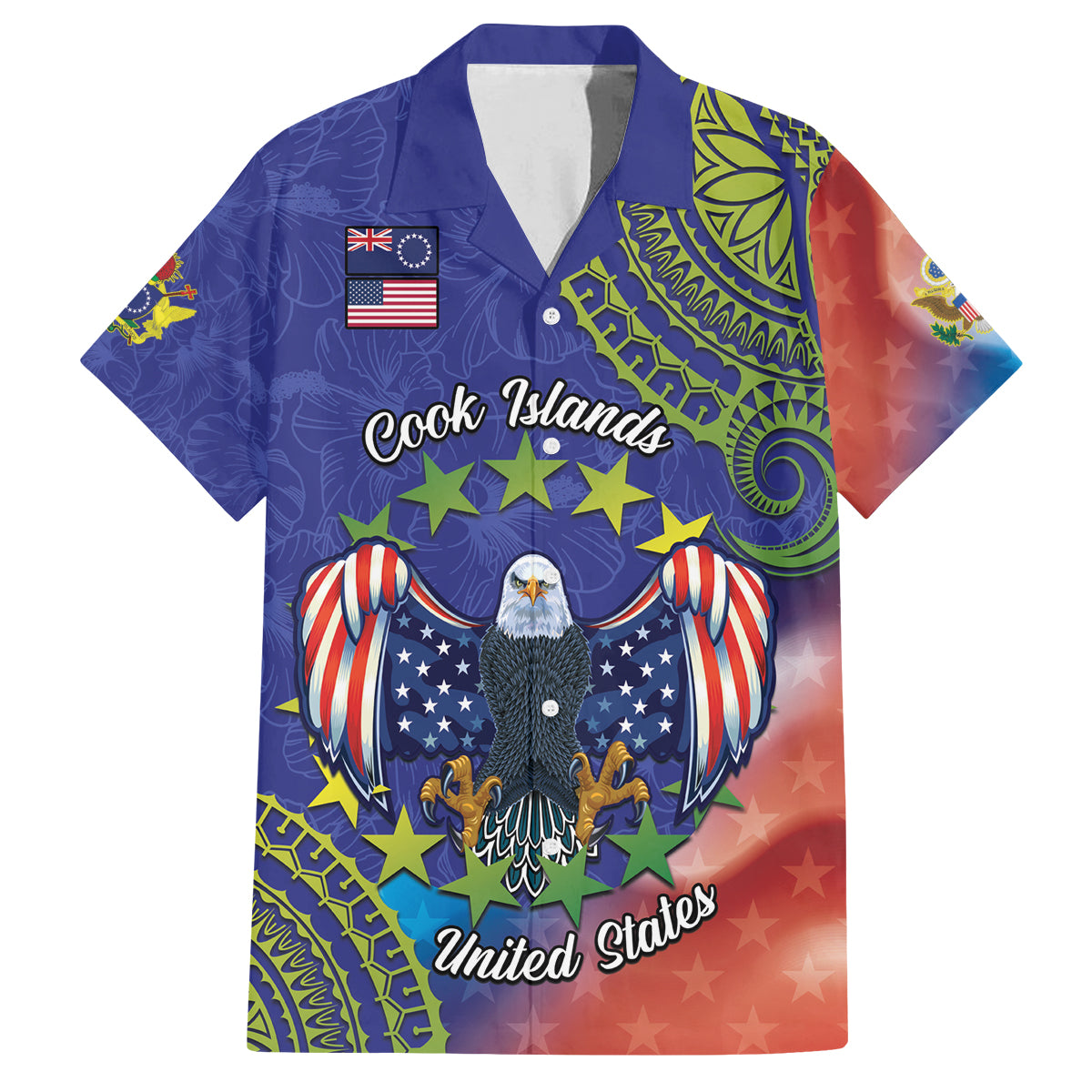 Personalised United States And Cook Islands Family Matching Off Shoulder Short Dress and Hawaiian Shirt USA Eagle Mix Polynesian Pattern LT14 Dad's Shirt - Short Sleeve Blue - Polynesian Pride