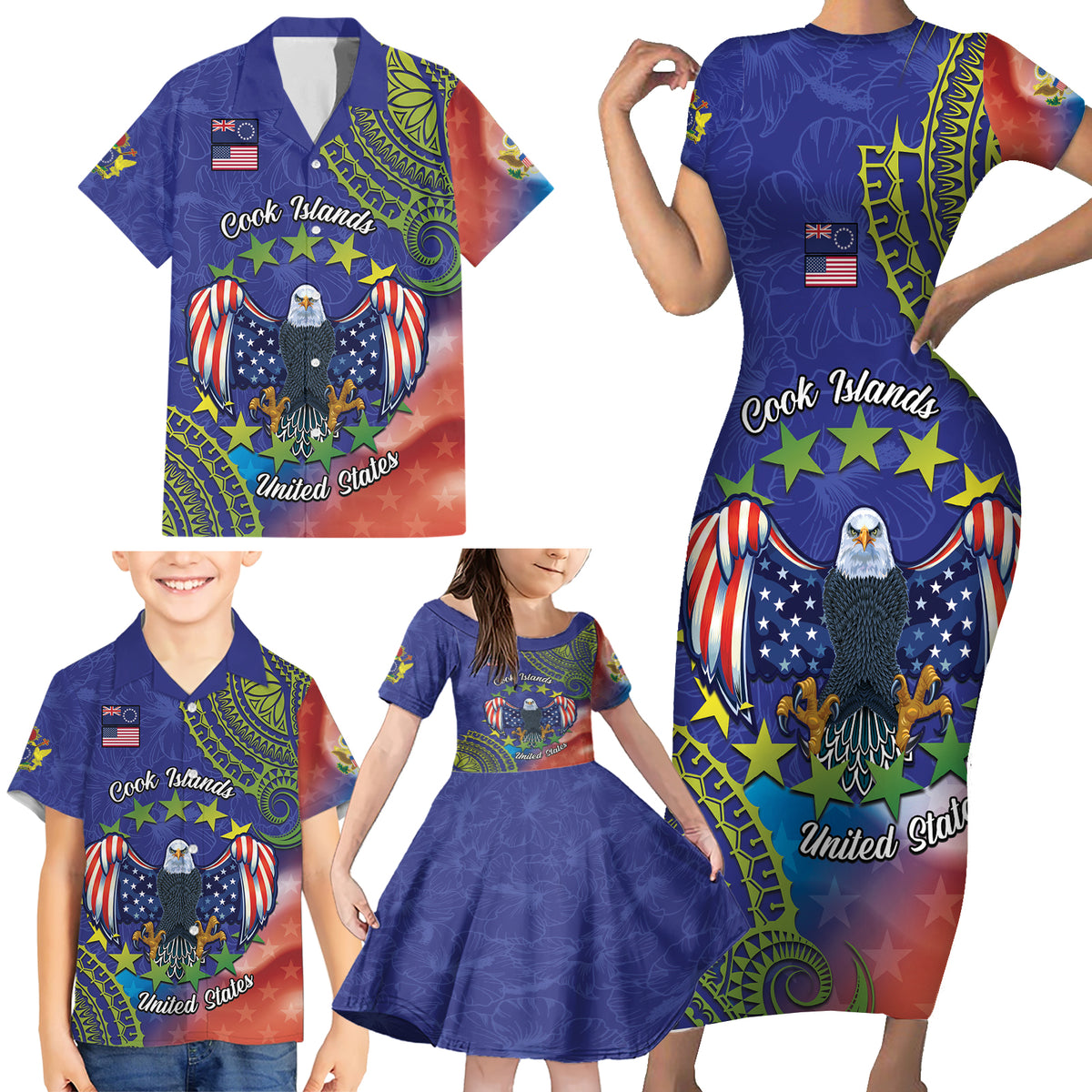 Personalised United States And Cook Islands Family Matching Short Sleeve Bodycon Dress and Hawaiian Shirt USA Eagle Mix Polynesian Pattern LT14 - Polynesian Pride