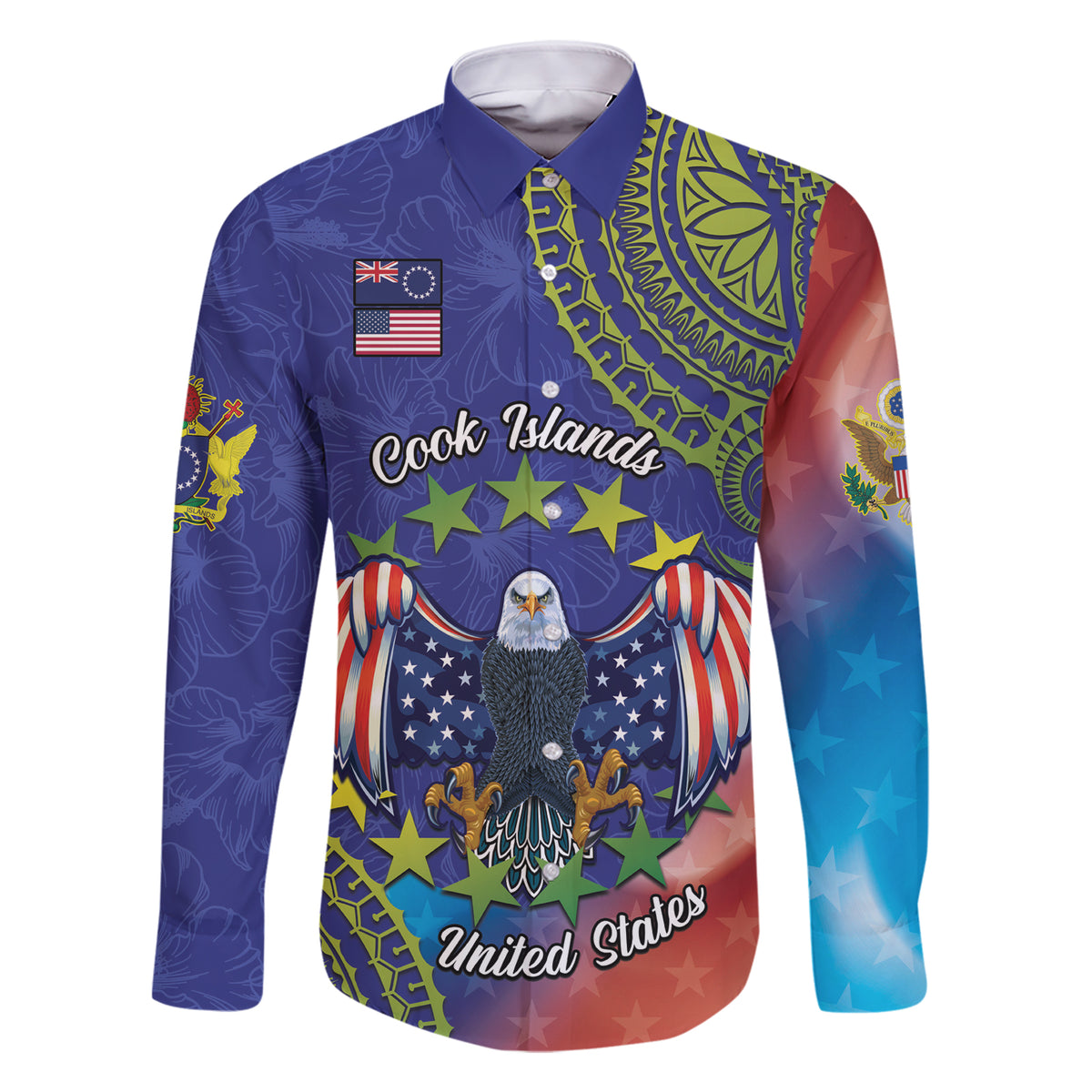 Personalised United States And Cook Islands Family Matching Short Sleeve Bodycon Dress and Hawaiian Shirt USA Eagle Mix Polynesian Pattern LT14 Dad's Shirt - Long Sleeve Blue - Polynesian Pride