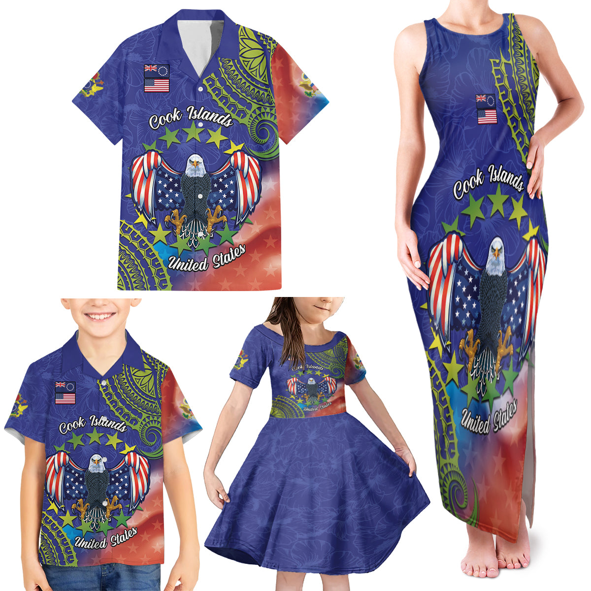 Personalised United States And Cook Islands Family Matching Tank Maxi Dress and Hawaiian Shirt USA Eagle Mix Polynesian Pattern LT14 - Polynesian Pride