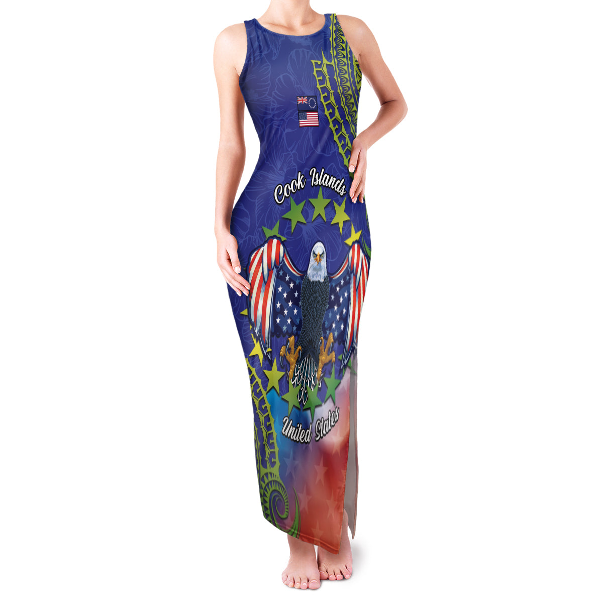 Personalised United States And Cook Islands Family Matching Tank Maxi Dress and Hawaiian Shirt USA Eagle Mix Polynesian Pattern LT14 Mom's Dress Blue - Polynesian Pride