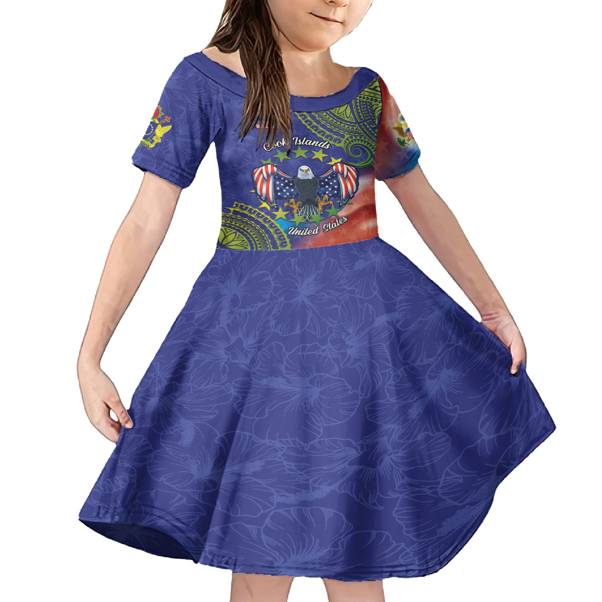 Personalised United States And Cook Islands Kid Short Sleeve Dress USA Eagle Mix Polynesian Pattern