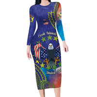 Personalised United States And Cook Islands Long Sleeve Bodycon Dress USA Eagle Mix Polynesian Pattern LT14 Long Dress Blue - Polynesian Pride