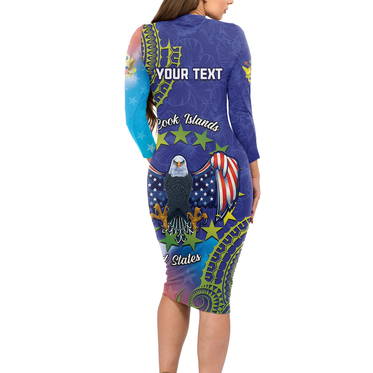 Personalised United States And Cook Islands Long Sleeve Bodycon Dress USA Eagle Mix Polynesian Pattern LT14 - Polynesian Pride