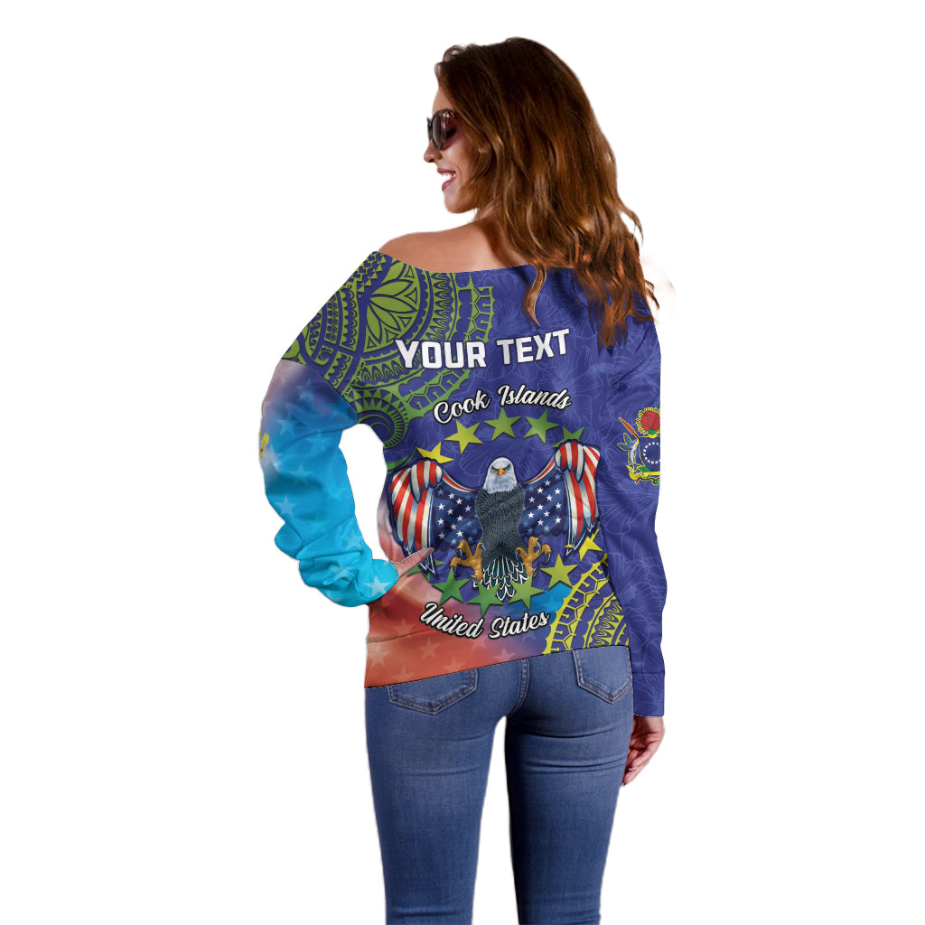 Personalised United States And Cook Islands Off Shoulder Sweater USA Eagle Mix Polynesian Pattern