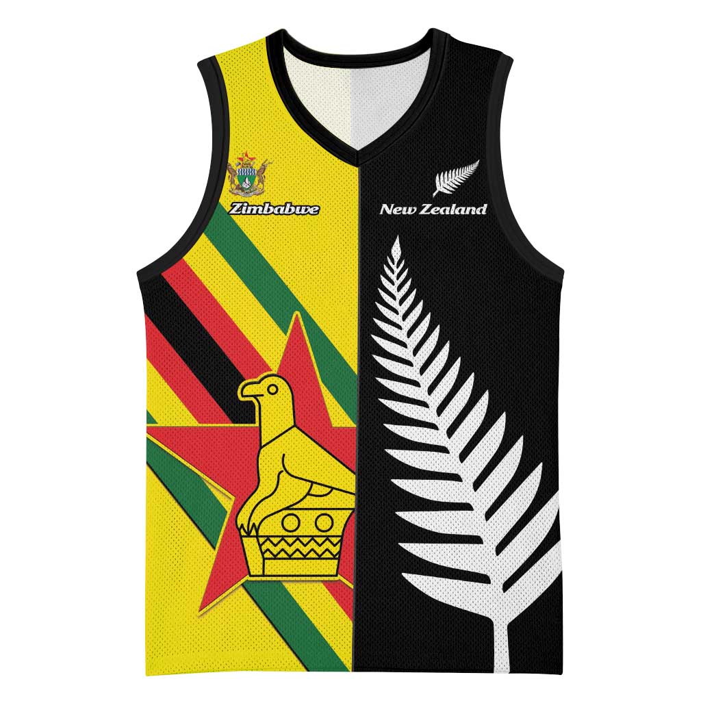 Custom New Zealand and Zimbabwe Basketball Jersey NZ Fern Zim Flag Half Style LT14 Unisex Black - Polynesian Pride
