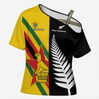 Custom New Zealand and Zimbabwe Cross Shoulder Shirt NZ Fern Zim Flag Half Style LT14 Female Black - Polynesian Pride