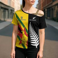 Custom New Zealand and Zimbabwe Cross Shoulder Shirt NZ Fern Zim Flag Half Style LT14 - Polynesian Pride