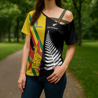 Custom New Zealand and Zimbabwe Cross Shoulder Shirt NZ Fern Zim Flag Half Style LT14 - Polynesian Pride