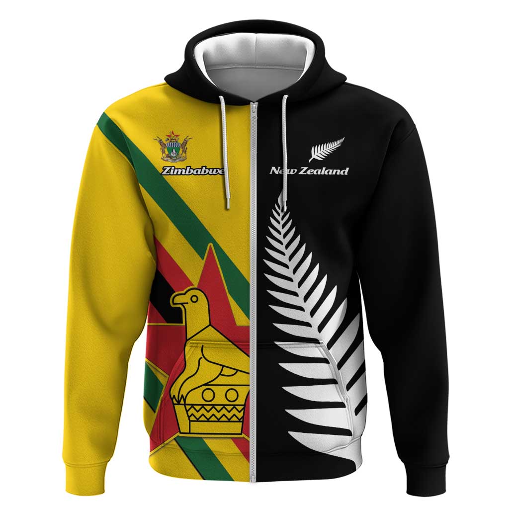 Custom New Zealand and Zimbabwe Hoodie NZ Fern Zim Flag Half Style LT14 Zip Hoodie Black - Polynesian Pride