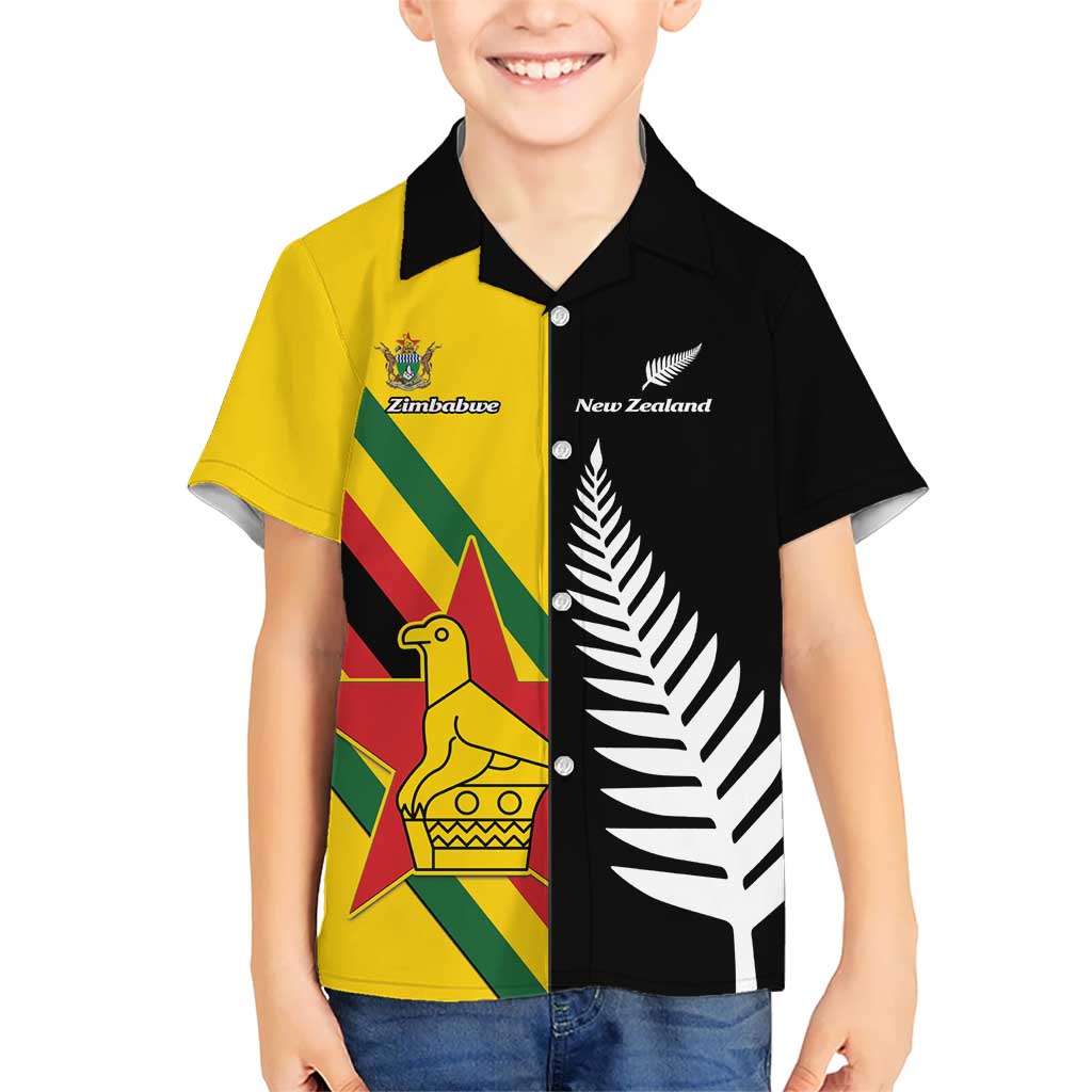 Custom New Zealand and Zimbabwe Kid Hawaiian Shirt NZ Fern Zim Flag Half Style LT14 Kid Black - Polynesian Pride