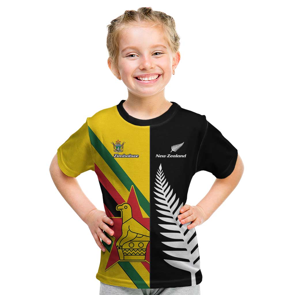 Custom New Zealand and Zimbabwe Kid T Shirt NZ Fern Zim Flag Half Style LT14 Black - Polynesian Pride