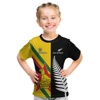 Custom New Zealand and Zimbabwe Kid T Shirt NZ Fern Zim Flag Half Style LT14 Black - Polynesian Pride