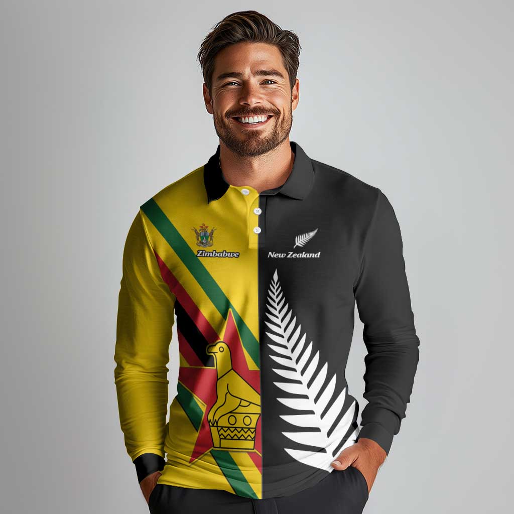 Custom New Zealand and Zimbabwe Long Sleeve Polo Shirt NZ Fern Zim Flag Half Style LT14 - Polynesian Pride