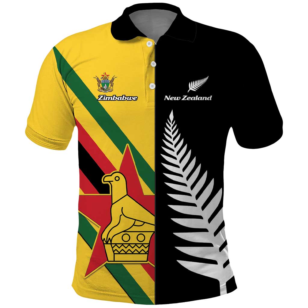 Custom New Zealand and Zimbabwe Polo Shirt NZ Fern Zim Flag Half Style LT14 Black - Polynesian Pride