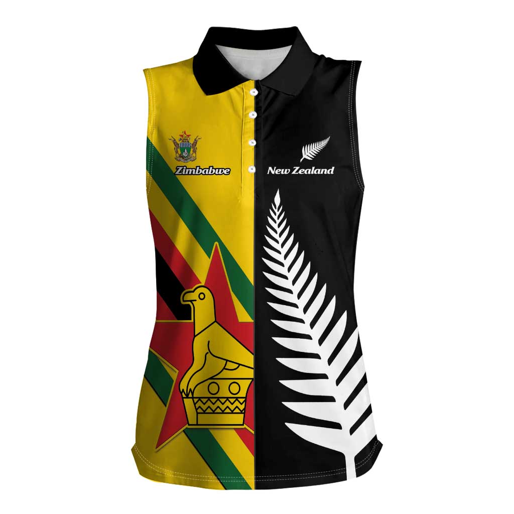 Custom New Zealand and Zimbabwe Women Sleeveless Polo Shirt NZ Fern Zim Flag Half Style LT14 Female Black - Polynesian Pride