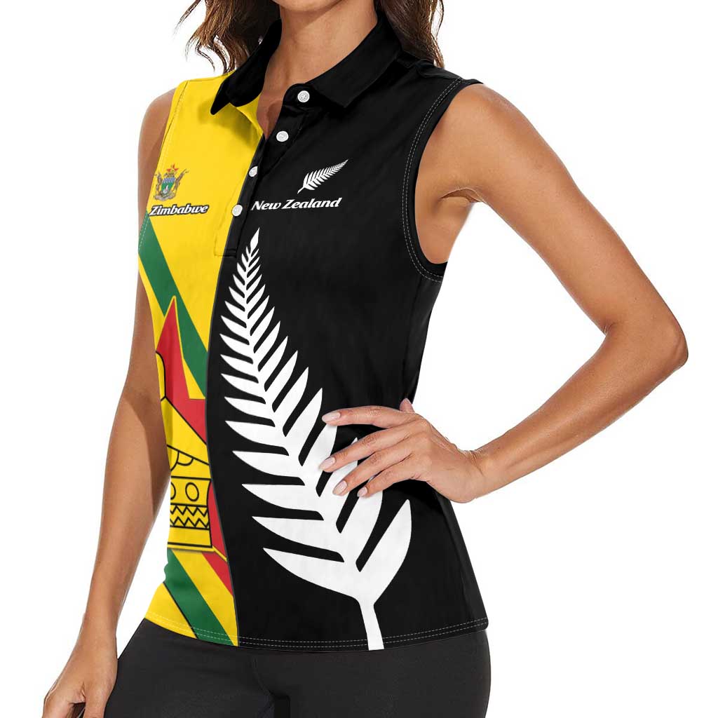 Custom New Zealand and Zimbabwe Women Sleeveless Polo Shirt NZ Fern Zim Flag Half Style LT14 - Polynesian Pride