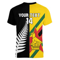 Custom New Zealand and Zimbabwe Women V-Neck T-Shirt NZ Fern Zim Flag Half Style LT14 - Polynesian Pride