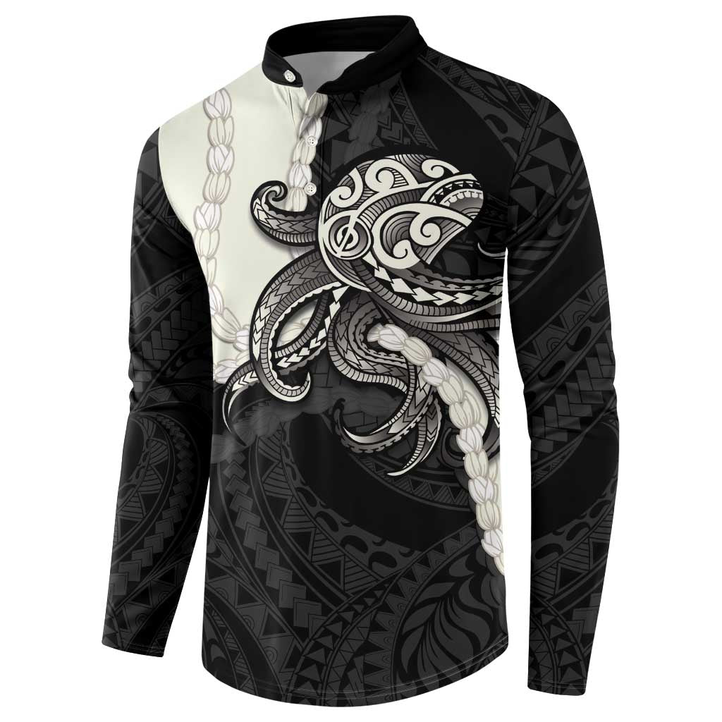 Black Polynesia Tribal Octopus Tattoo Button Sweatshirt Pikake Lei Polynesian Pattern