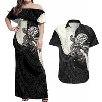Black Polynesia Tribal Octopus Tattoo Couples Matching Off Shoulder Maxi Dress and Hawaiian Shirt Pikake Lei Polynesian Pattern LT14 Black - Polynesian Pride